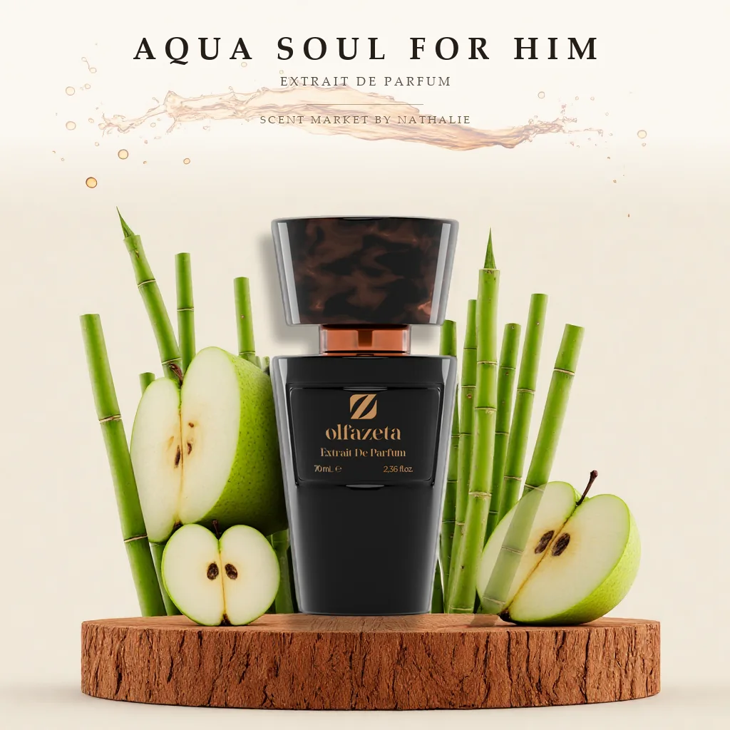 Aqua Soul For Him – Flakon mit den Zutaten seiner Duftnoten