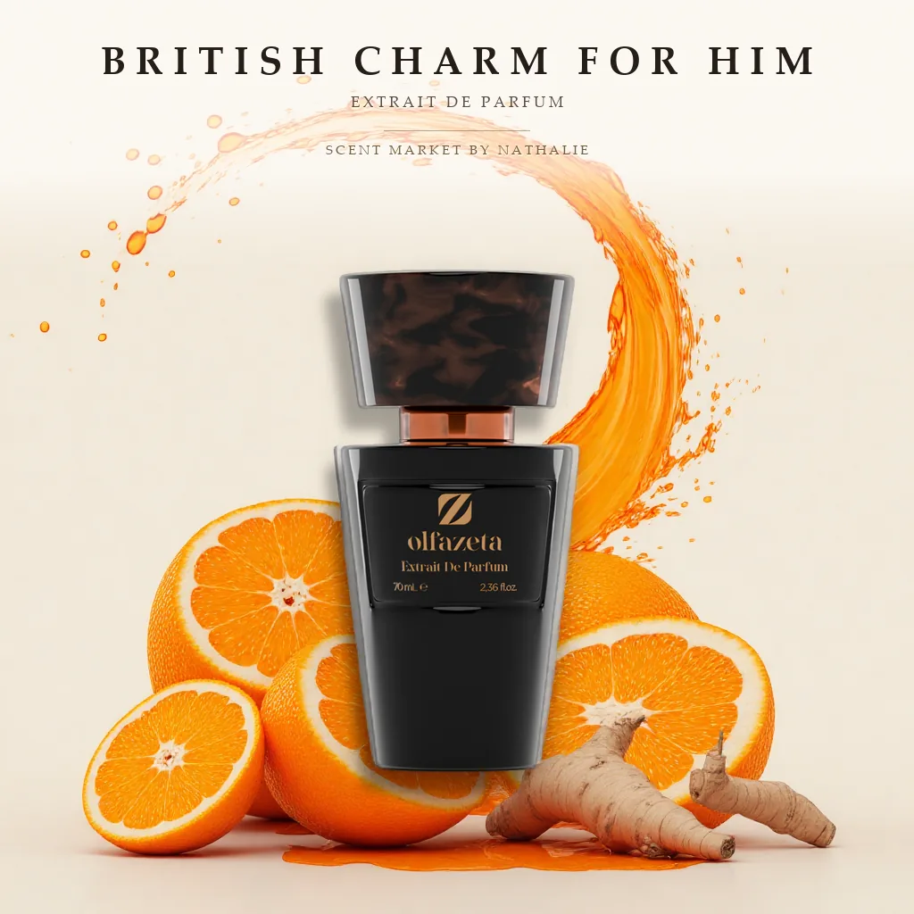 British Charm For Him – Flakon mit den Zutaten seiner Duftnoten