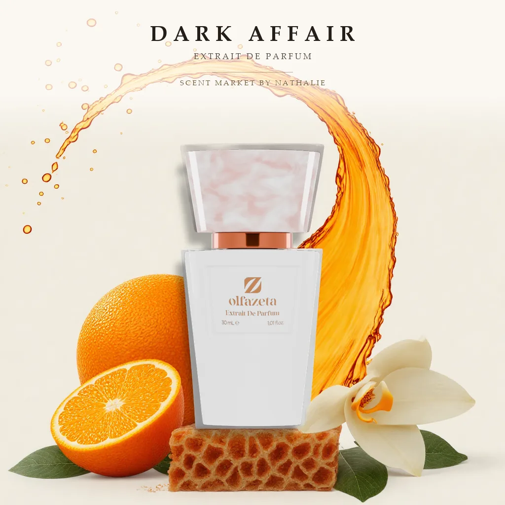 Dark Affair – Flakon mit den Zutaten seiner Duftnoten