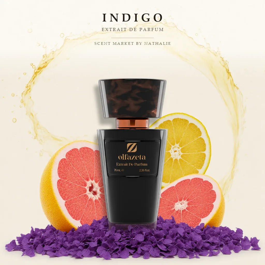 Indigo – Flakon mit den Zutaten seiner Duftnoten