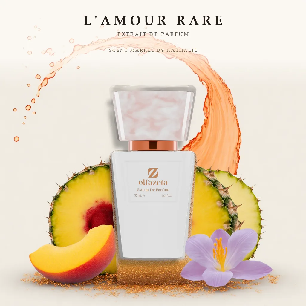 L'Amour Rare – Flakon mit den Zutaten seiner Duftnoten