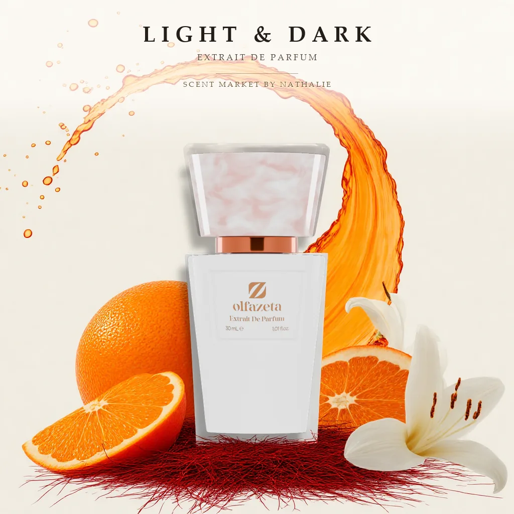 Light & Dark – Flakon mit den Zutaten seiner Duftnoten