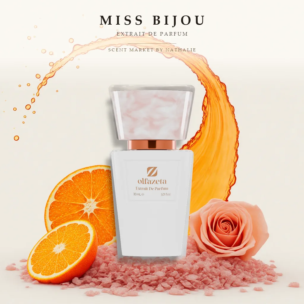 Miss Bijou – Flakon mit den Zutaten seiner Duftnoten