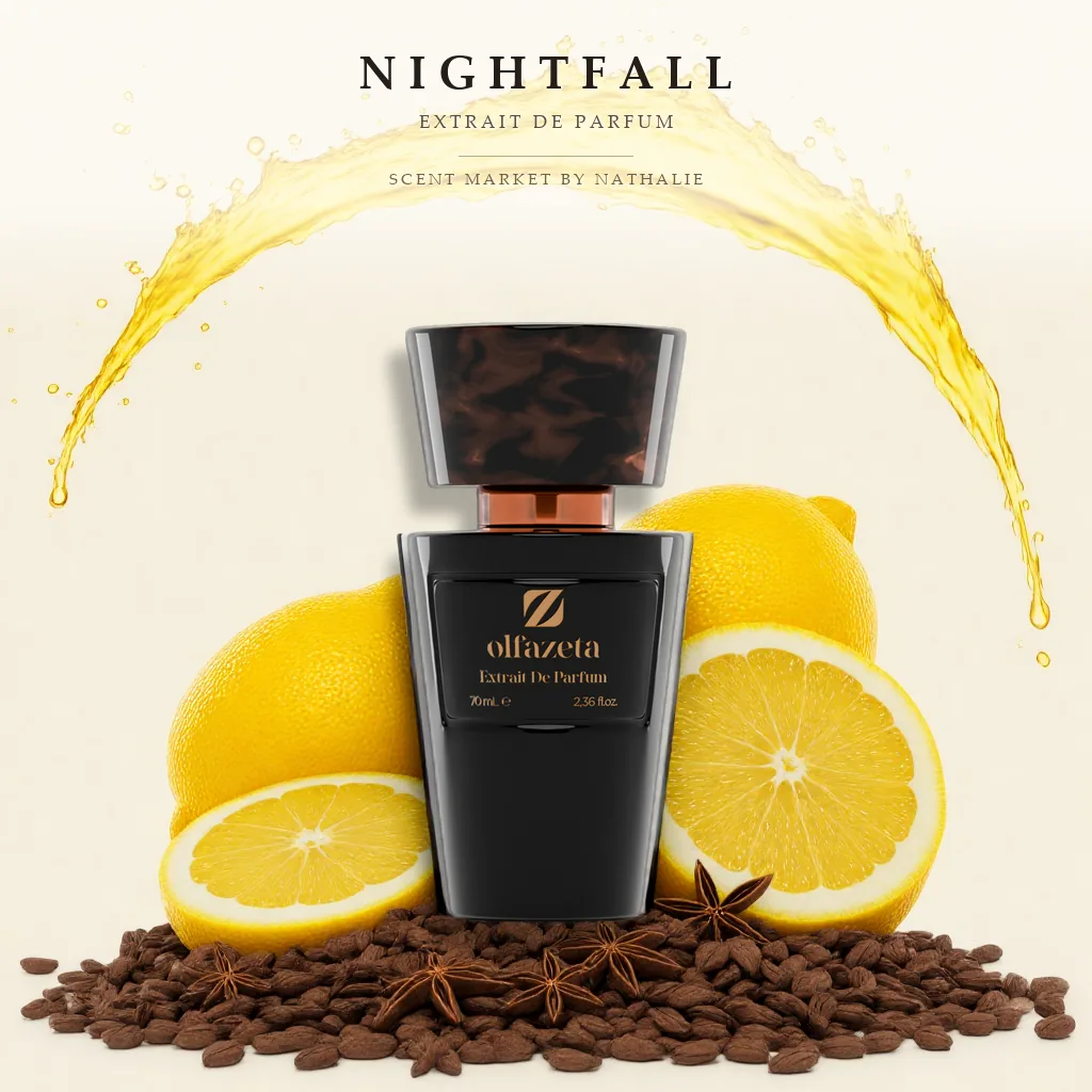 Nightfall – Flakon mit den Zutaten seiner Duftnoten
