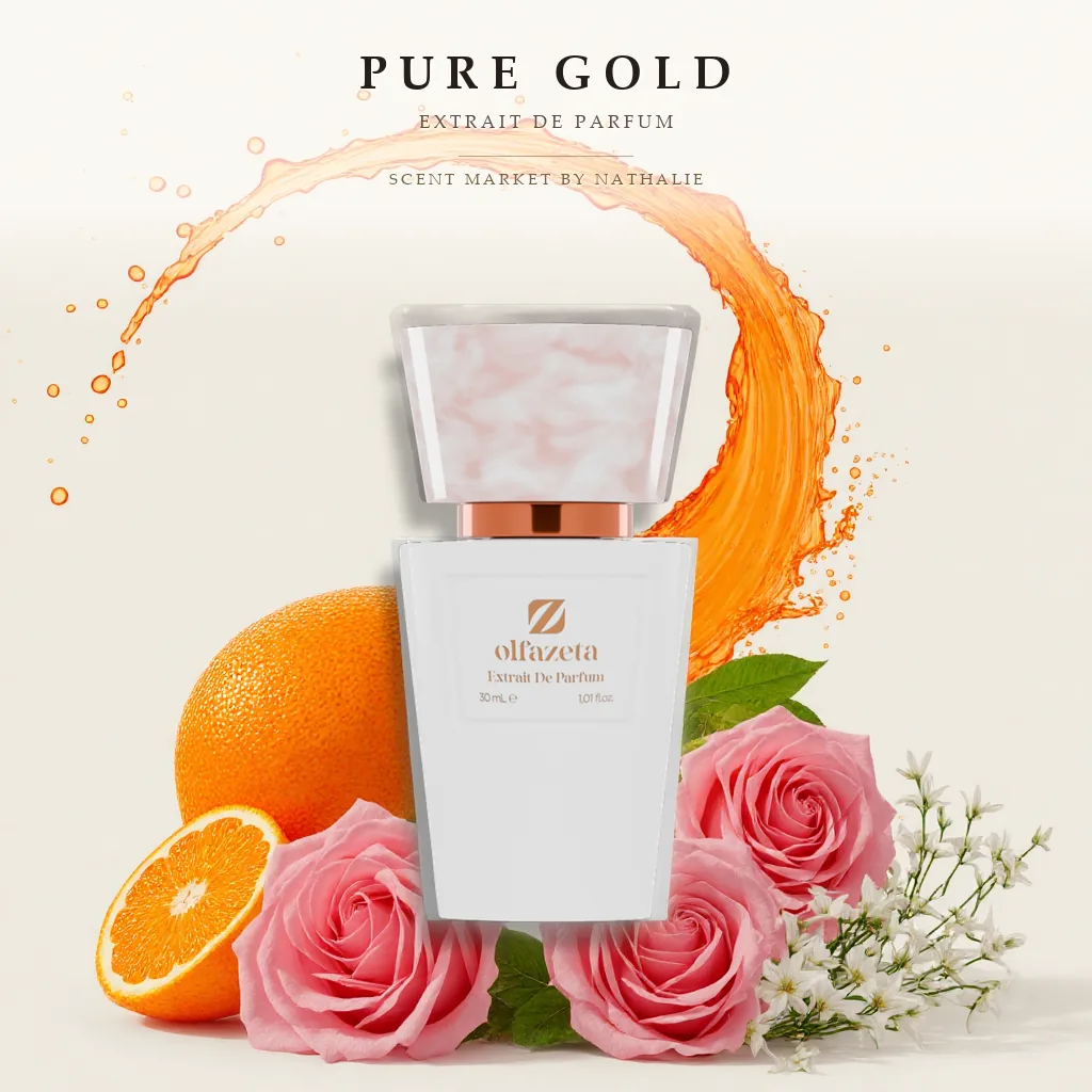 Pure Gold – Flakon mit den Zutaten seiner Duftnoten
