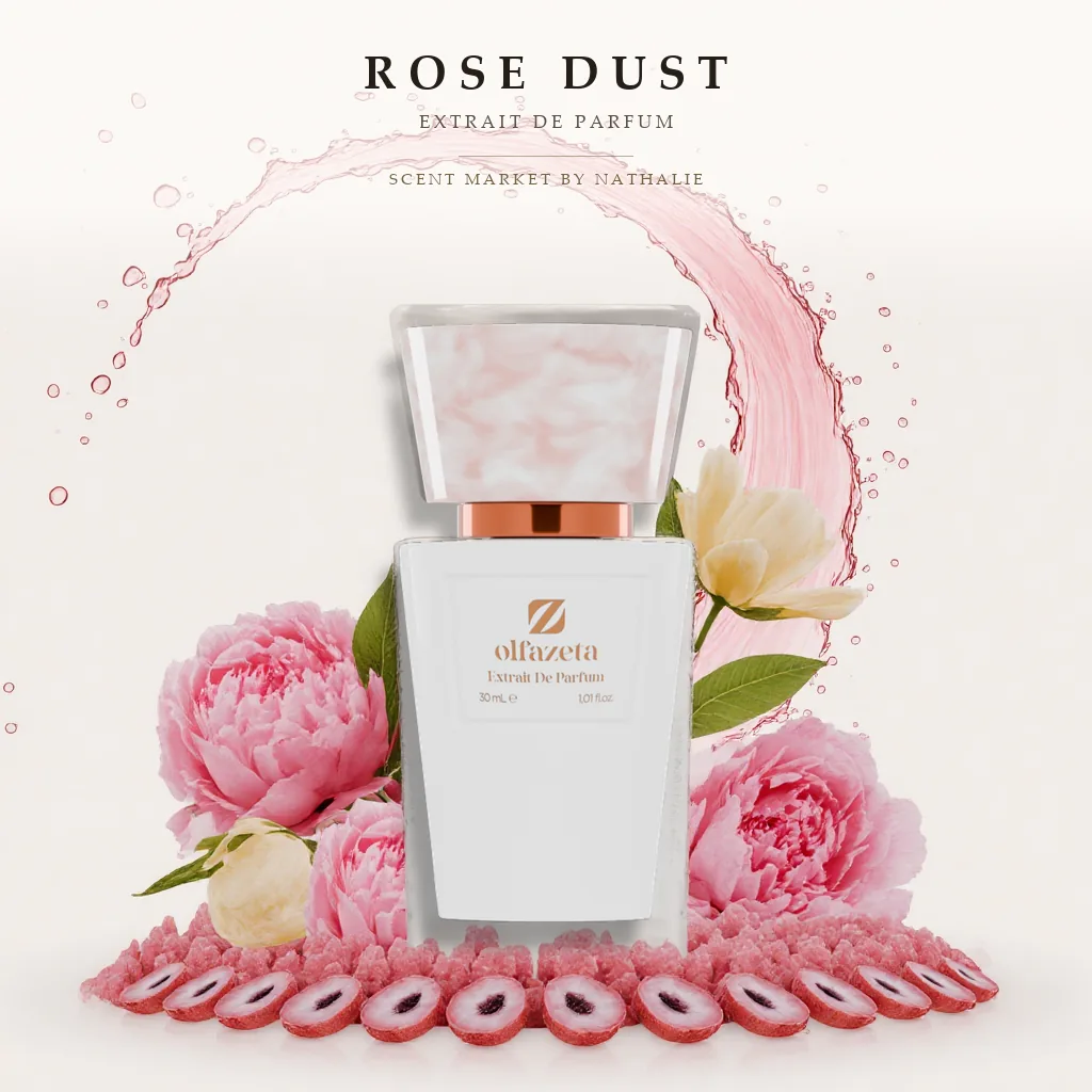 Rose Dust – Flakon mit den Zutaten seiner Duftnoten
