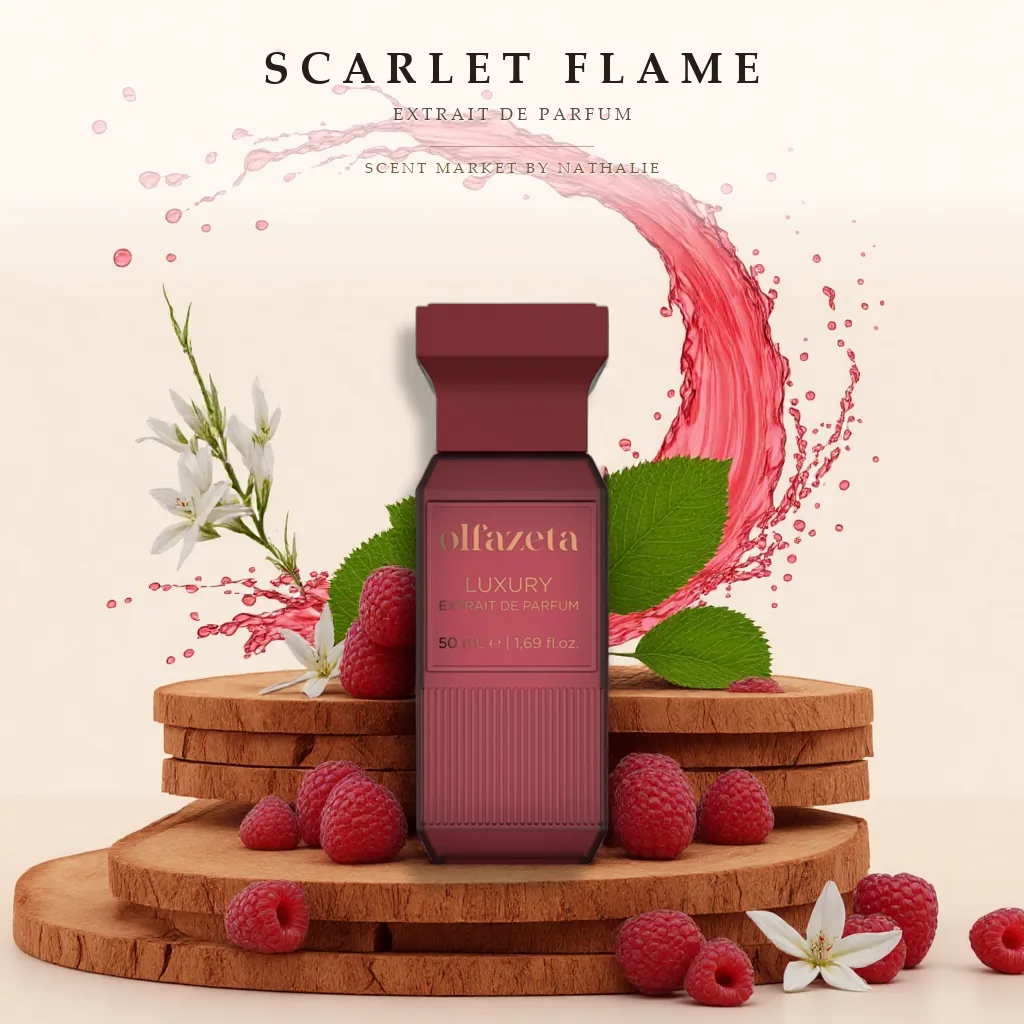 Scarlet Flame – Flakon mit den Zutaten seiner Duftnoten