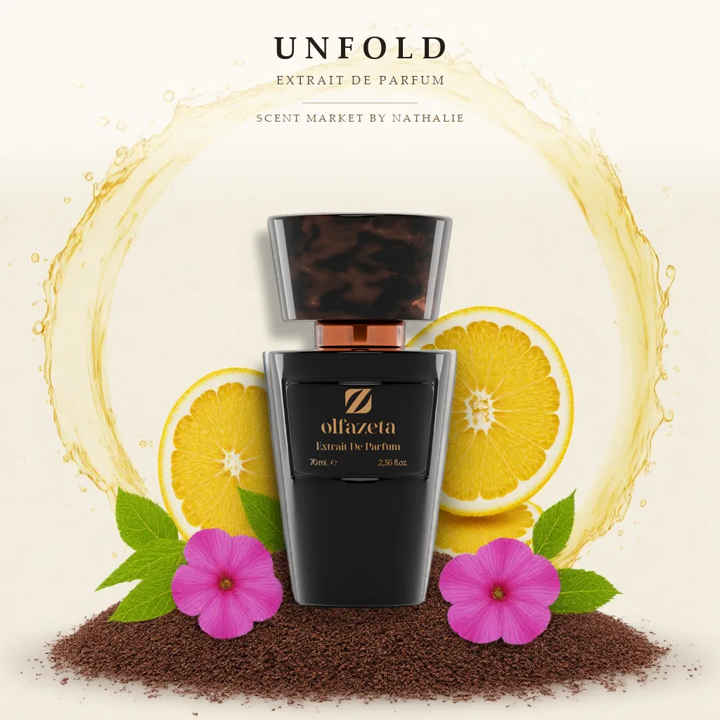 Unfold – Flakon mit den Zutaten seiner Duftnoten